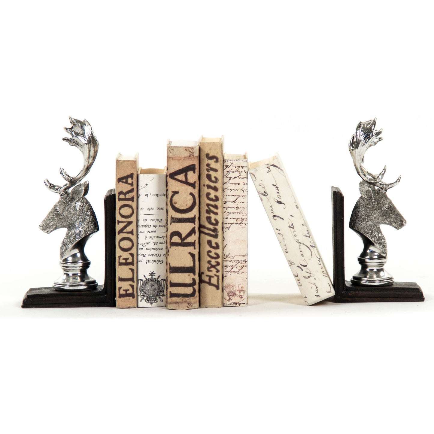 003 S-337028 | Lifestyle | Deer Head Bookends by Zentique in electroplated silver on black base and polyresin. Made from polyresin in a rustic style.