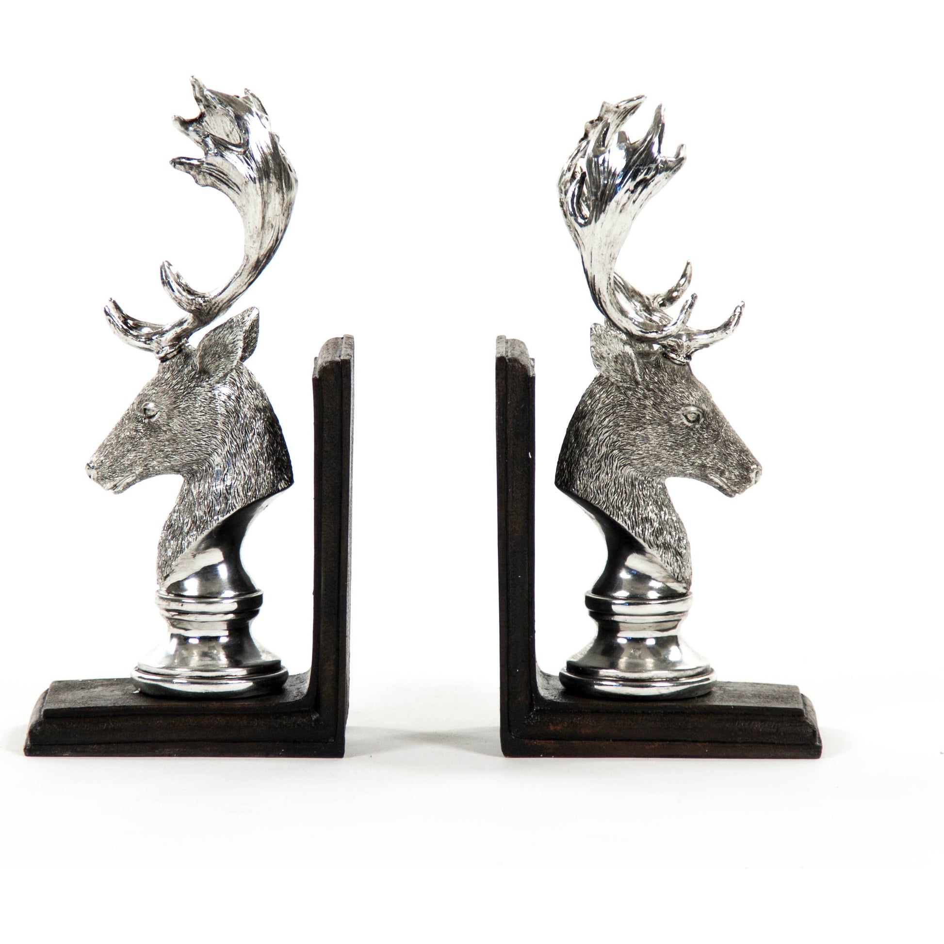 Deer Head Bookends by Zentique in electroplated silver on black base and polyresin. Made from polyresin in a rustic style.