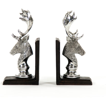 Deer Head Bookends by Zentique in electroplated silver on black base and polyresin. Made from polyresin in a rustic style.