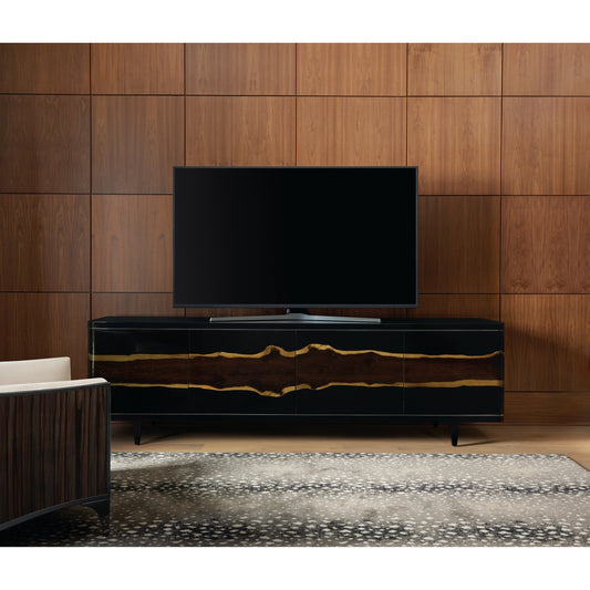Naturalist Entertain Console by Caracole in black, oak, bronze and piano black, signature natural oak, deep bronze. Made from birch solids, maple solids, stainless steel, live edge fumed oak veneer in a modern style.