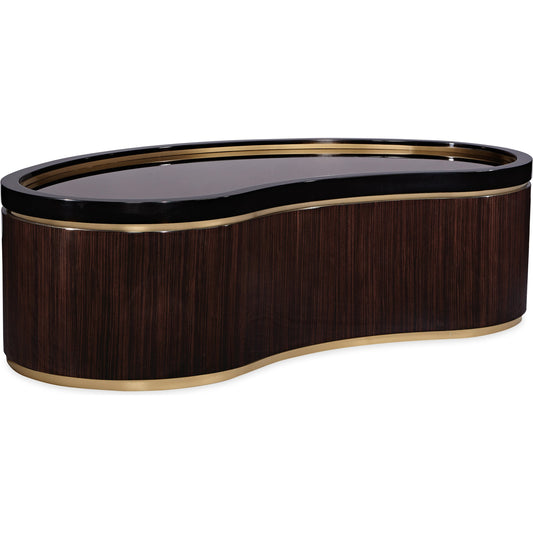 The Flow Cocktail Table by Caracole in ebony, black, bronze and urban ebony, urban black, urban brass. Made from hardwood solids, ebony macassar veneers,brass in a modern style.