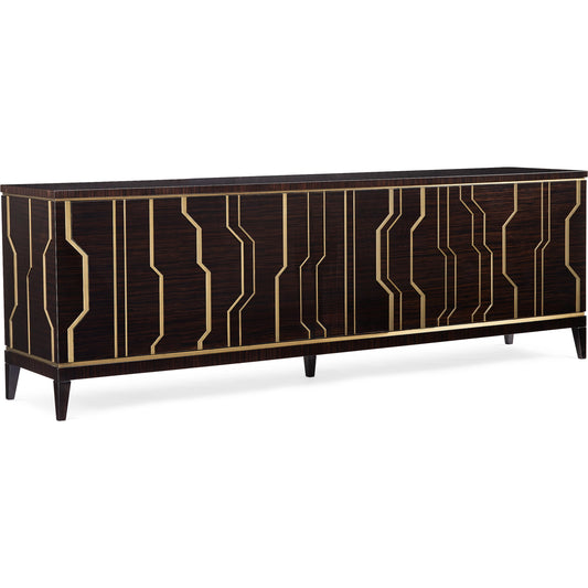 The Skyline Credenza by Caracole in ebony and modern ebony, french brass. Made from hardwood solids, ebony macassar veneers, brass in a modern style.