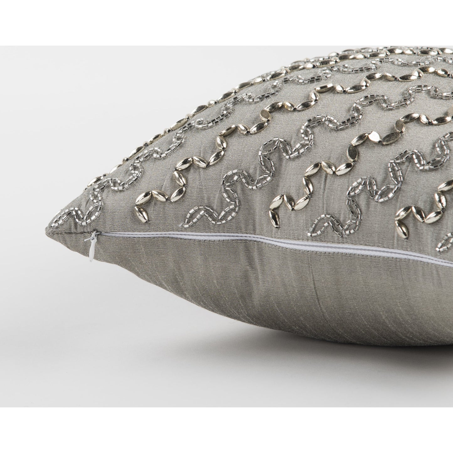 002 SR-870191 | Closeup | Gratiot Pillow by HedgeApple Essentials in silver. Made from polyester in a modern style.