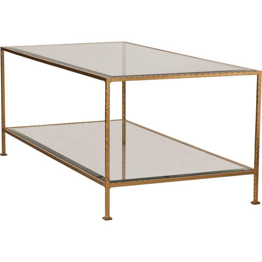 Taylor Hammered Coffee Table by Worlds Away in gold. Made from metal, glass in a transitional style.