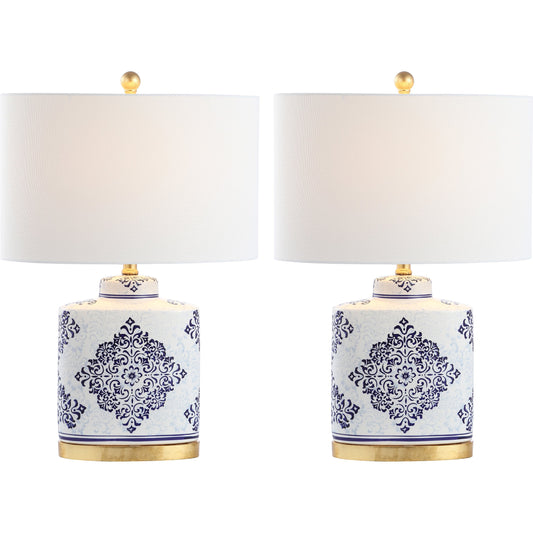Dimmit Table Lamp (Set of 2) by HedgeApple Essentials in blue, white. Made from ceramic, cotton in a traditional style.