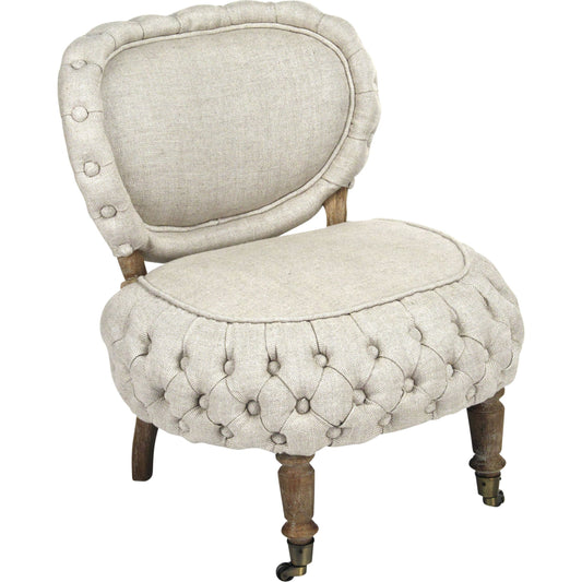 Sylvie Tufted Chair by Zentique in cream natural linen and limed gray oak. Made from limed grey oak in a traditional style.