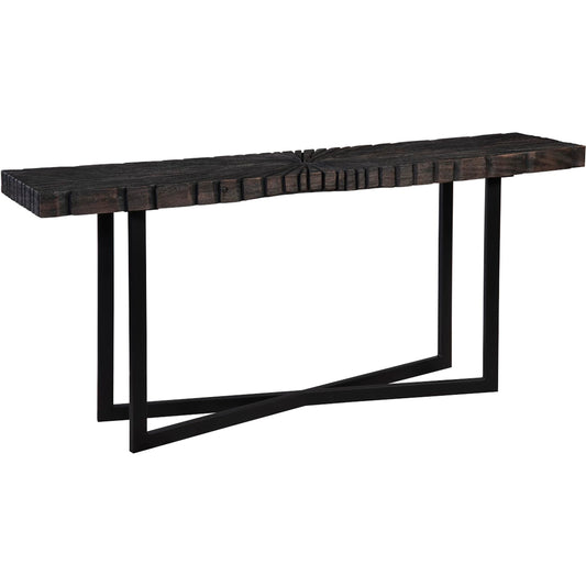 Chainsaw Console Table by Phillips Collection in black and charred. Made from wood, chamcha wood, metal in a modern style.