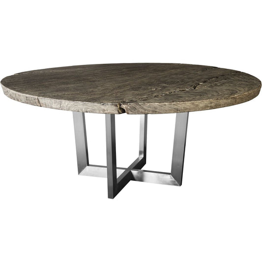 Chuleta Round Dining Table on Stainless Steel Base by Phillips Collection in gray, silver and gray stone. Made from wood in a modern style.