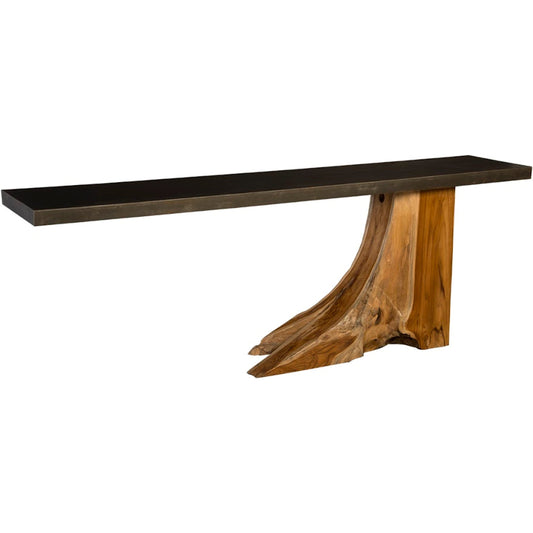 Teak Wood Console Table by Phillips Collection in brown, black. Made from wood, teak metal in a modern style.
