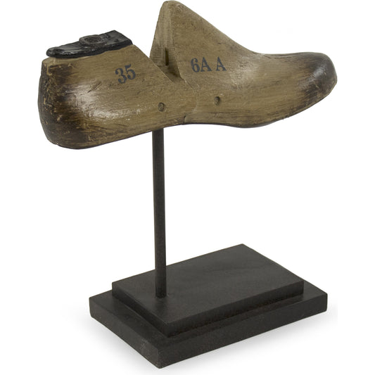 Resin Shoe on Stand by Zentique in beige, distressed browns, black and resin. Made from resin in a traditional style.