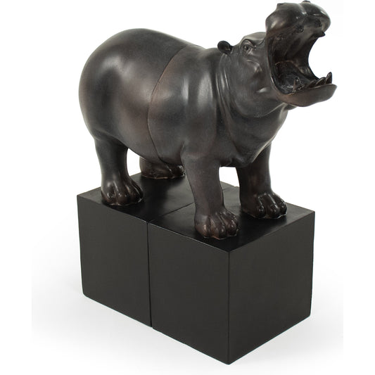 Resin Hippopotomus Bookend by Zentique in off-black and resin. Made from resin in a traditional style.
