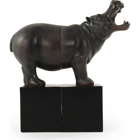 Resin Hippopotomus Bookend by Zentique in off-black and resin. Made from resin in a traditional style.