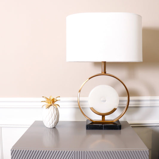 Sphere Circular Table Lamp by Pasargad Home in white and white, gold. Made from marble in a transitional style.