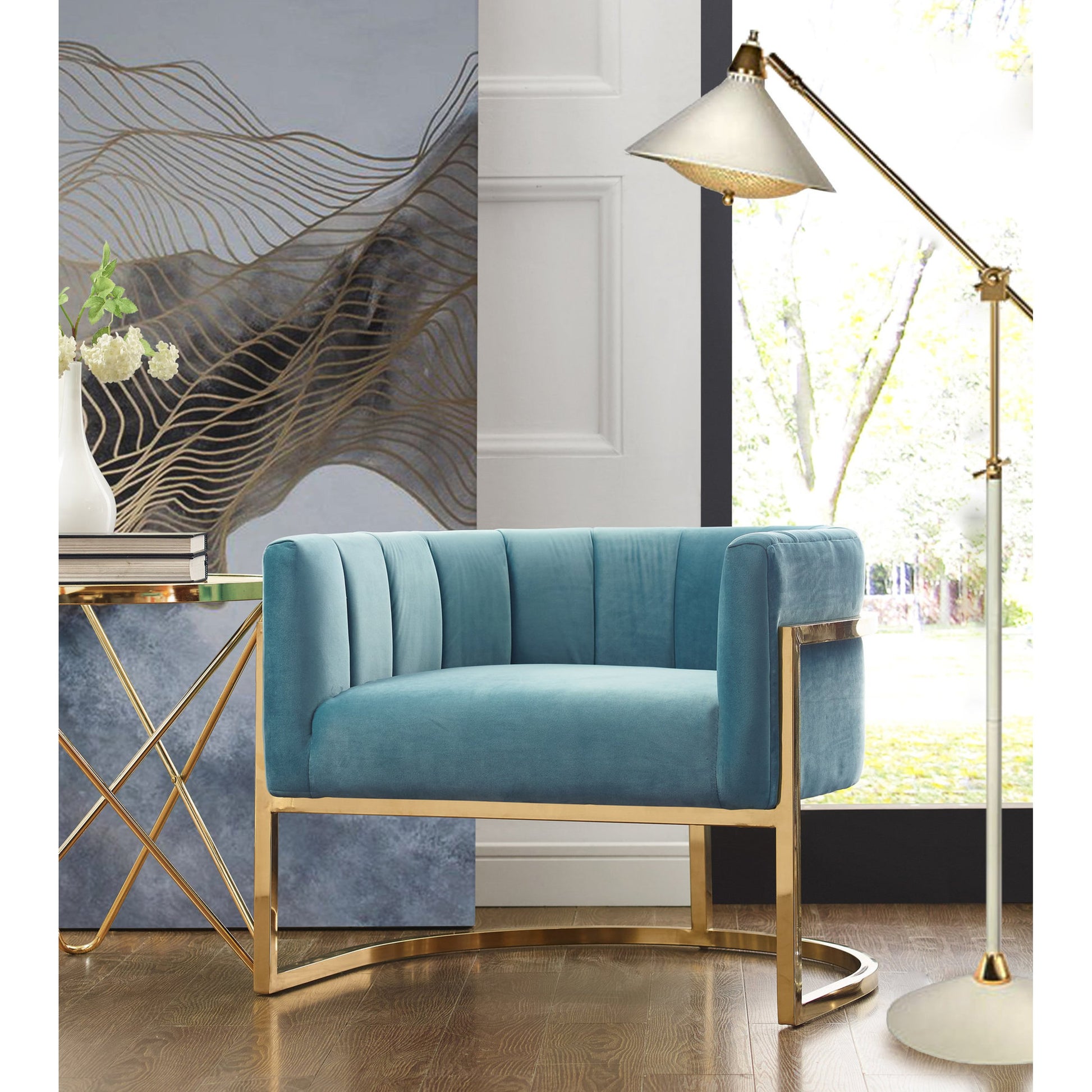 Gold Base Magnolia Chair by TOV Furniture in sea blue. Made from stainless steel, velvet in a modern style.
