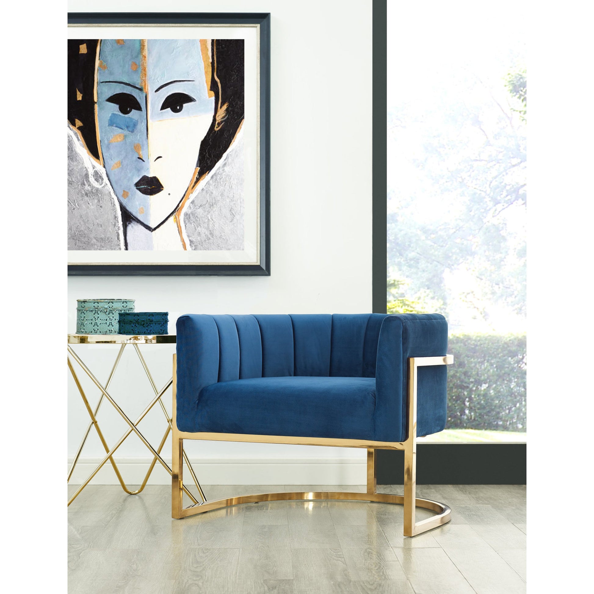 Gold Base Magnolia Chair by TOV Furniture in sea blue. Made from stainless steel, velvet in a modern style.