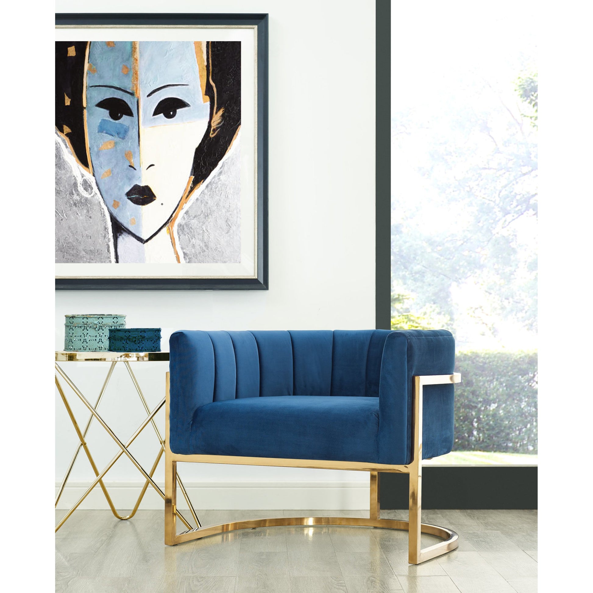 Gold Base Magnolia Chair by TOV Furniture in sea blue. Made from stainless steel, velvet in a modern style.
