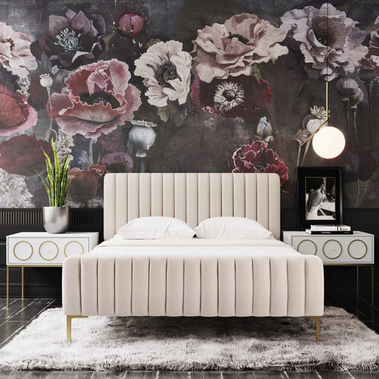 Angela Bed by TOV Furniture. Made from velvet in a transitional style.