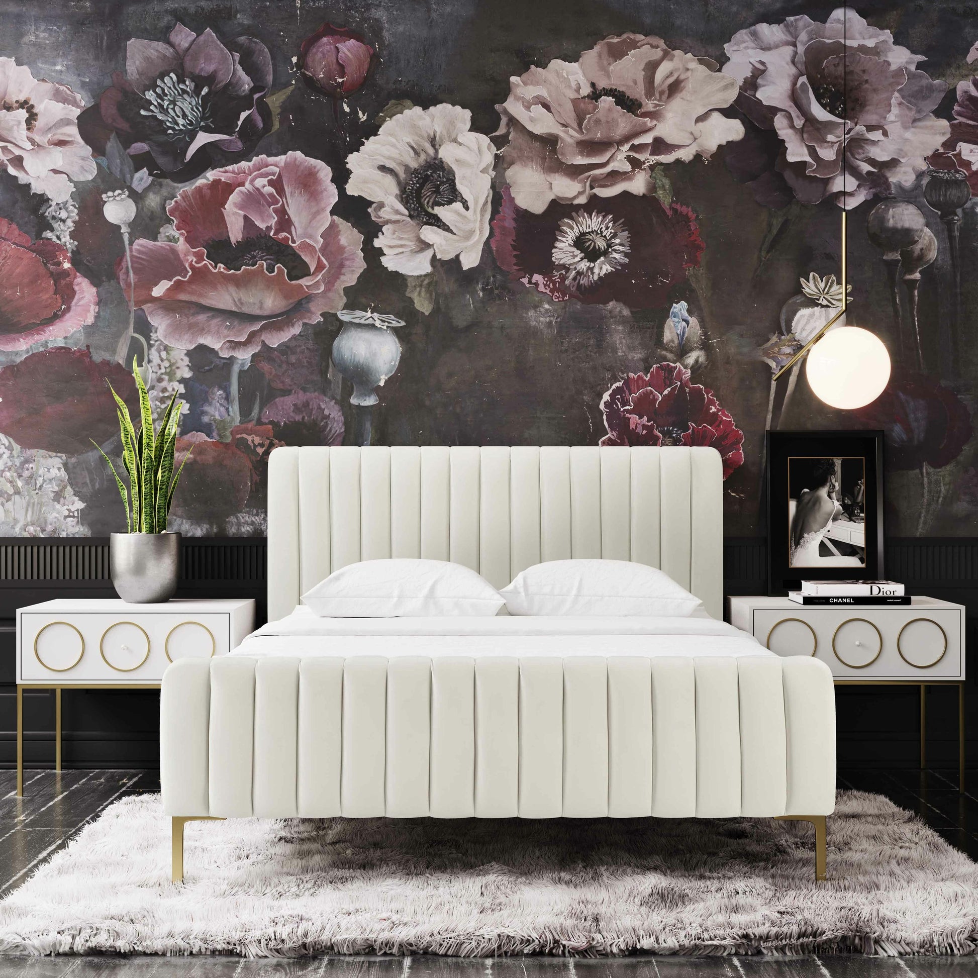 Angela Bed by TOV Furniture. Made from velvet in a transitional style.