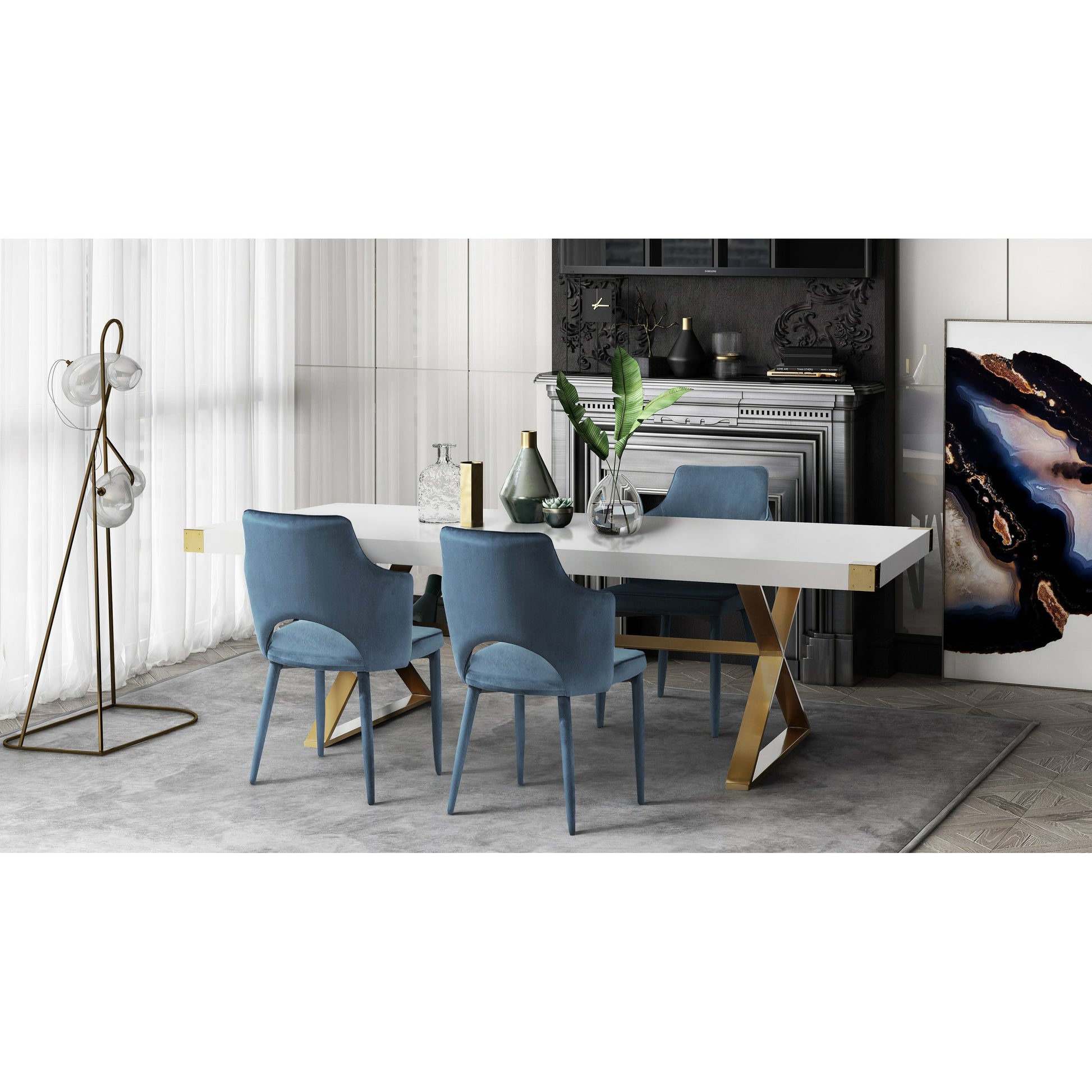 Adeline Dining Table by TOV Furniture in white, gold. Made from mdf, stainless steel in a modern style.