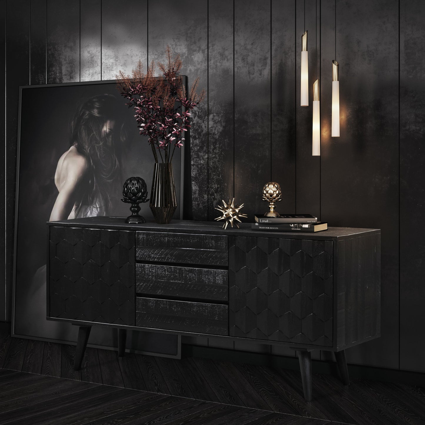 002 SR-389811 | Lifestyle | Valentina Buffet by TOV Furniture in rubbed black. Made from solid acacia, mdf, acacia veneer in a modern style.