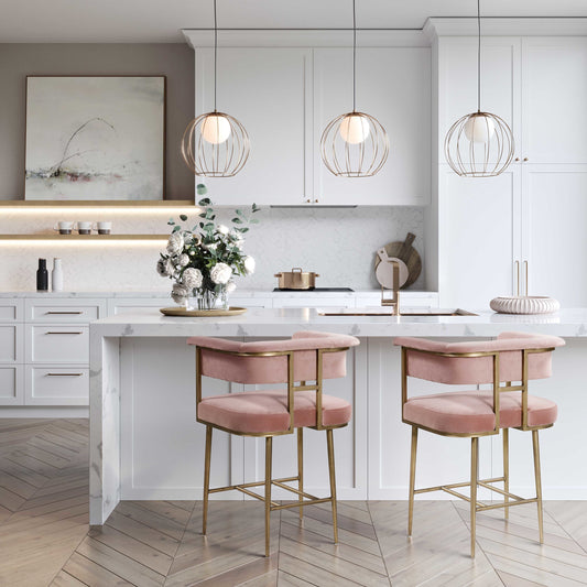 Astrid Counter Stool by TOV Furniture in blush. Made from velvet in a modern style.