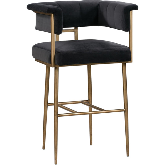 Astrid Bar Stool by TOV Furniture in gray. Made from velvet in a modern style.