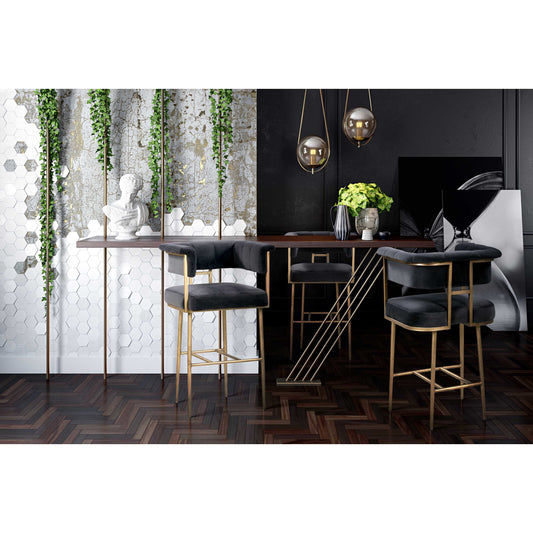 Astrid Bar Stool by TOV Furniture in gray. Made from velvet in a modern style.