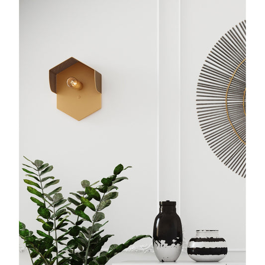 Mokhtar Hexagon Wall Sconce by TOV Furniture in tan. Made from iron in a modern style.