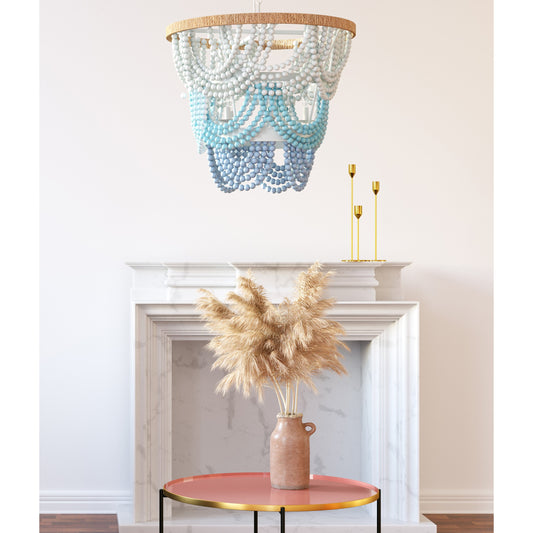 Jade Beaded Chandelier by TOV Furniture in jade ombre. Made from iron, wood in a coastal style.