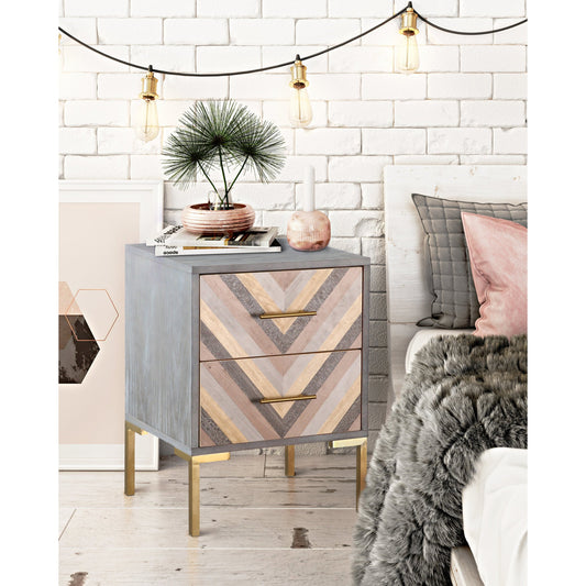 Quinn Side Table by TOV Furniture in gray, gold. Made from mdf, veneer, stainless steel in a eclectic & global style.