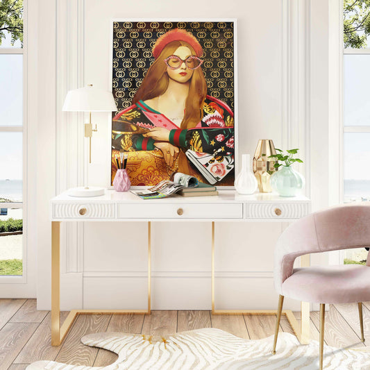 Janie Lacquer Desk by TOV Furniture in white. Made from mdf in a transitional style.