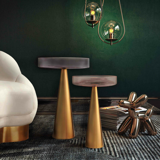 Alo Side Table by TOV Furniture in pink, gold. Made from glass, iron in a modern style.