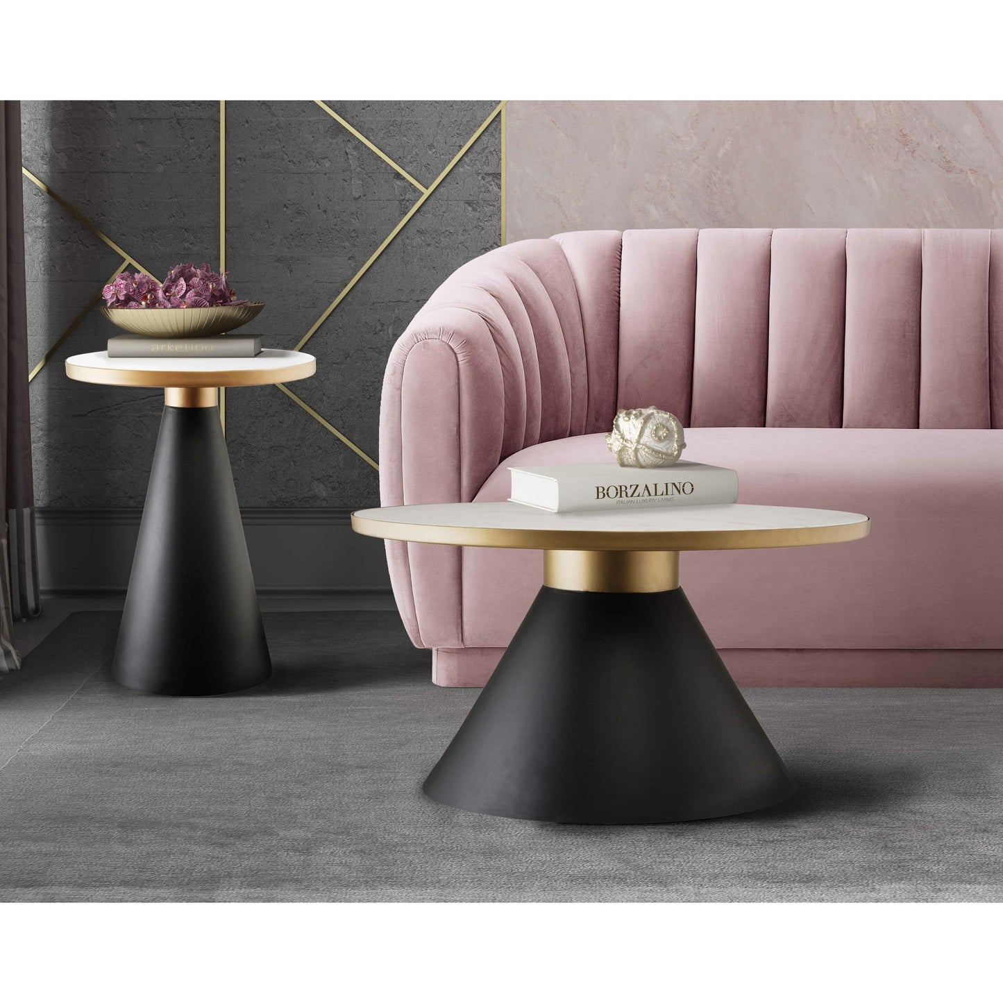010 SR-389764 | Lifestyle | Richard Side Table by TOV Furniture in black, gold, white. Made from iron, marble in a modern style.