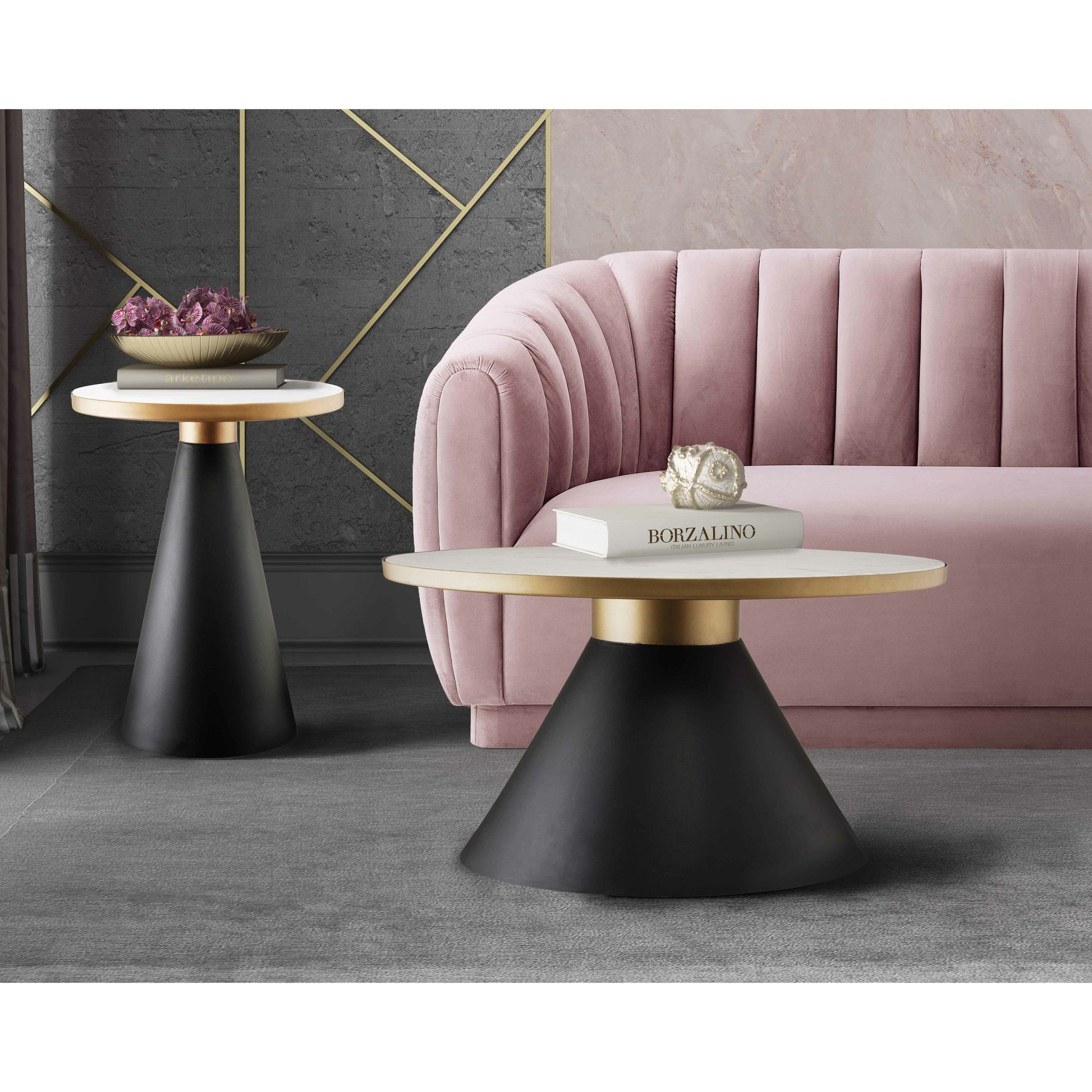 Richard Side Table by TOV Furniture in black, gold, white. Made from iron, marble in a modern style.