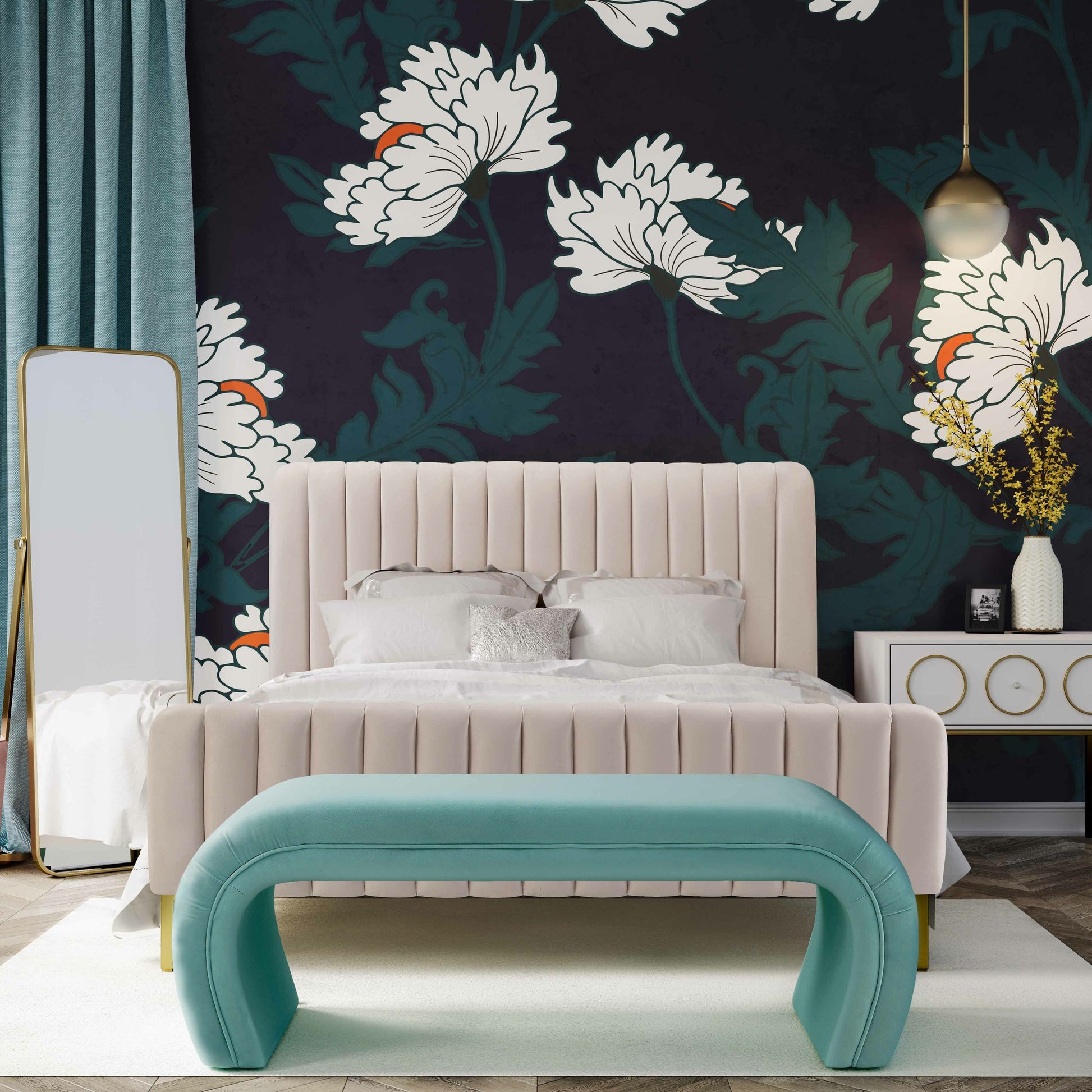 Angela Bed by TOV Furniture. Made from velvet in a transitional style.