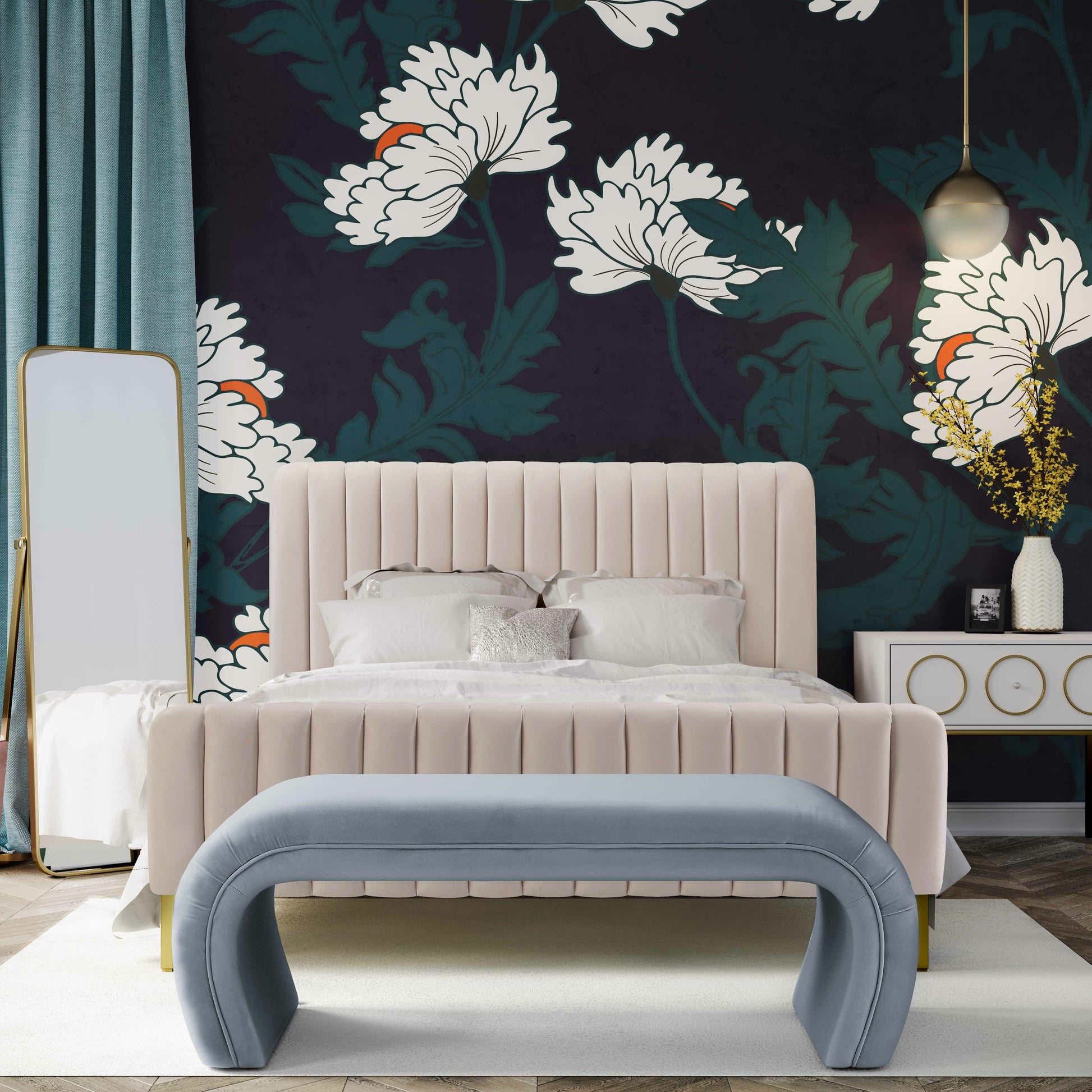 Angela Bed by TOV Furniture. Made from velvet in a transitional style.