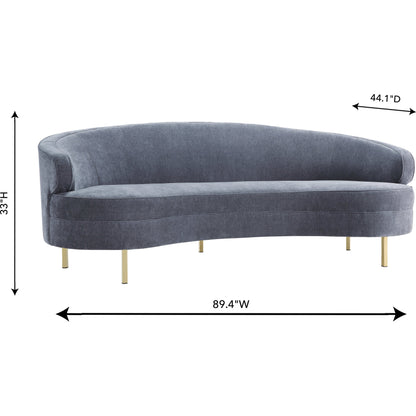 Baila Sofa by TOV Furniture in navy. Made from velvet, wood, stainless steel in a modern style.