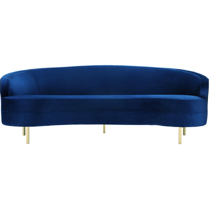 Baila Sofa by TOV Furniture in navy. Made from velvet, wood, stainless steel in a modern style.