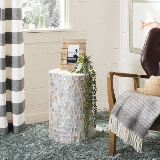 Ariel Sq Mosaic Round Stool by Safavieh in multi, blue. Made from mdf, faux mother of pearl in a coastal style.