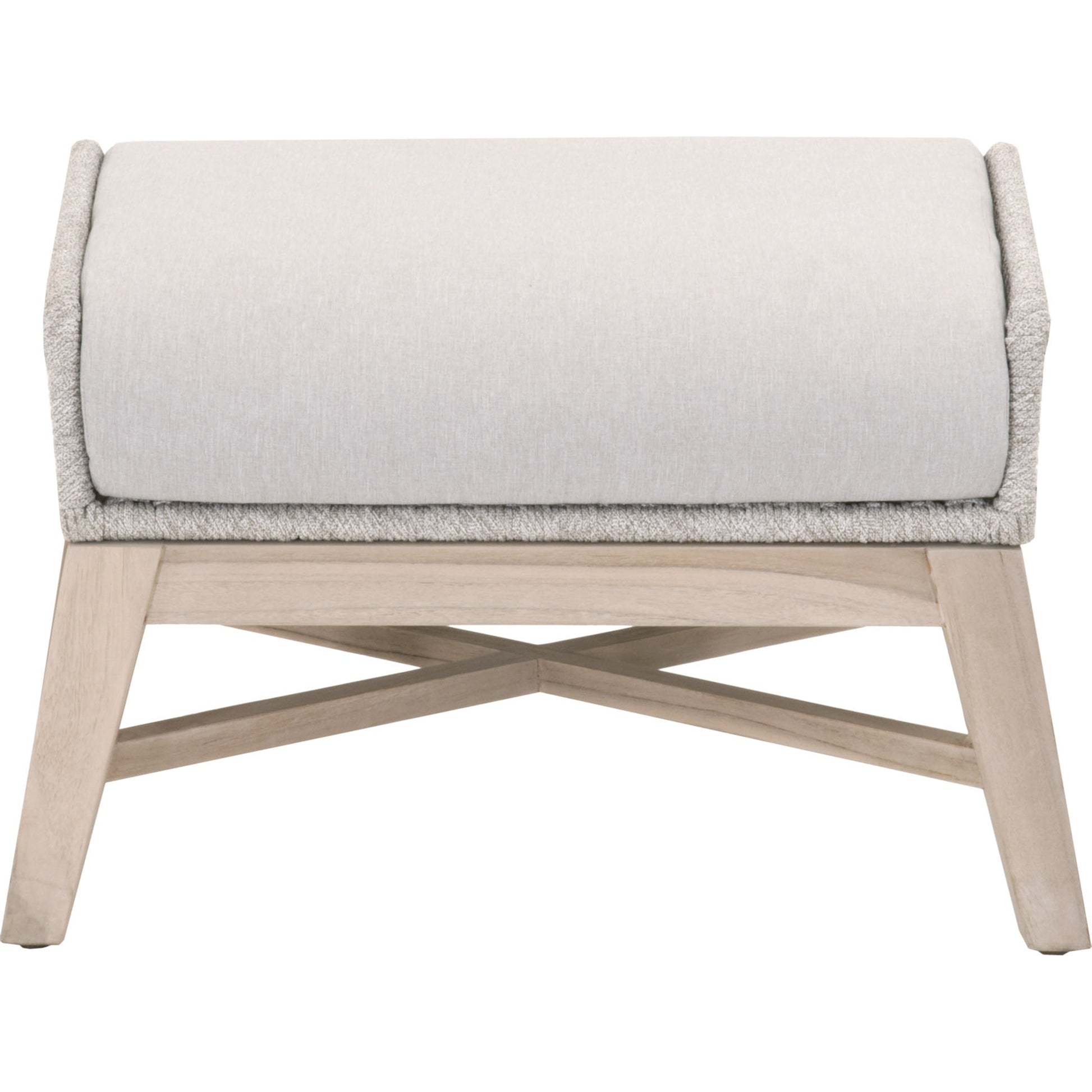 Tapestry Footstool by Essentials For Living in gray, taupe, white, pumice. Made from solid teak, steel pipe, rope, 100% olefin in a modern style.