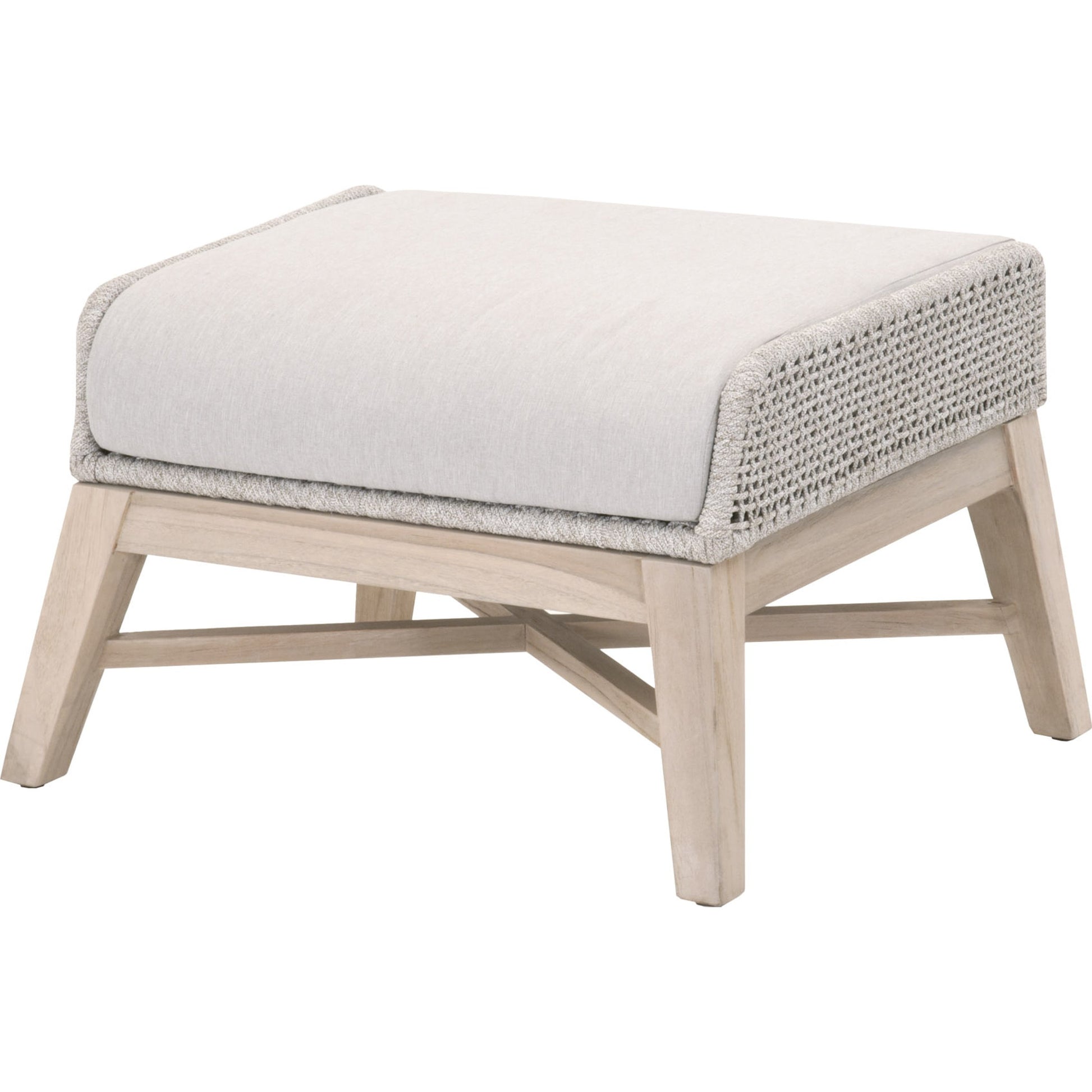 Tapestry Footstool by Essentials For Living in gray, taupe, white, pumice. Made from solid teak, steel pipe, rope, 100% olefin in a modern style.