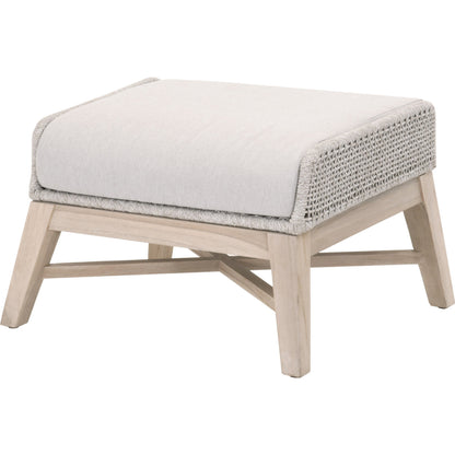 Tapestry Footstool by Essentials For Living in gray, taupe, white, pumice. Made from solid teak, steel pipe, rope, 100% olefin in a modern style.