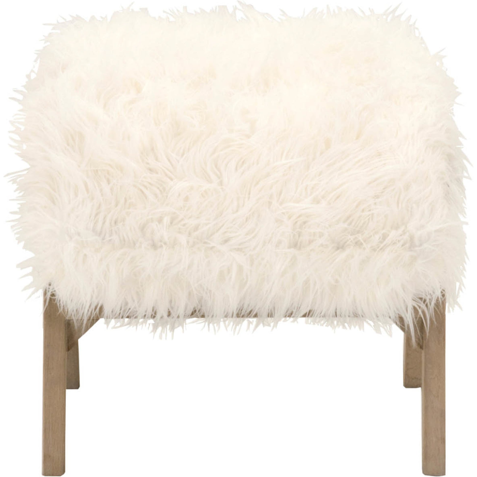 Tibet Ottoman by Essentials For Living in white fur, smoke gray oak. Made from solid reclaimed oak, faux wool in a modern style.
