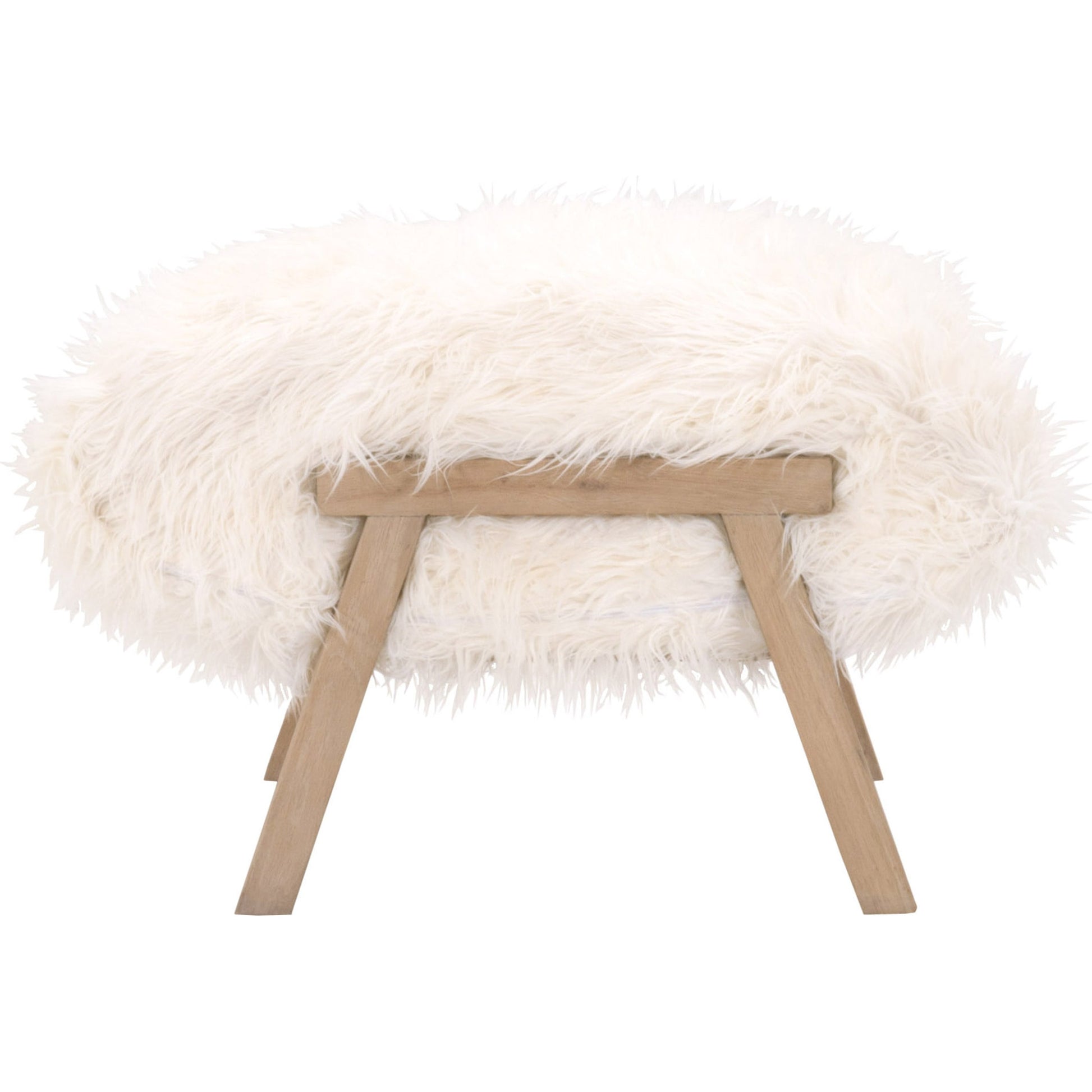Tibet Ottoman by Essentials For Living in white fur, smoke gray oak. Made from solid reclaimed oak, faux wool in a modern style.