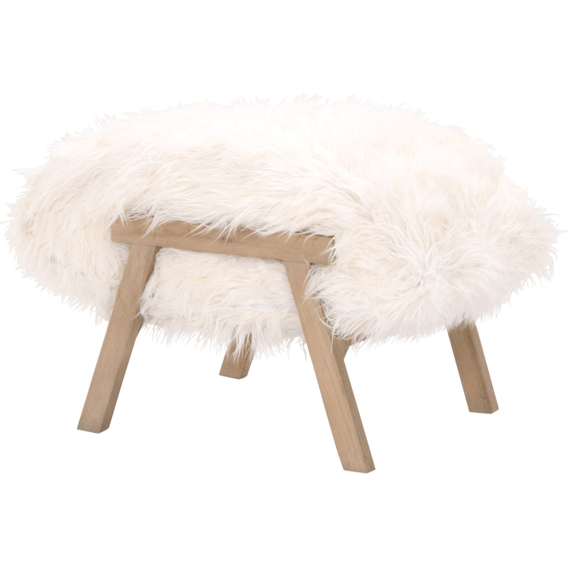 Tibet Ottoman by Essentials For Living in white fur, smoke gray oak. Made from solid reclaimed oak, faux wool in a modern style.