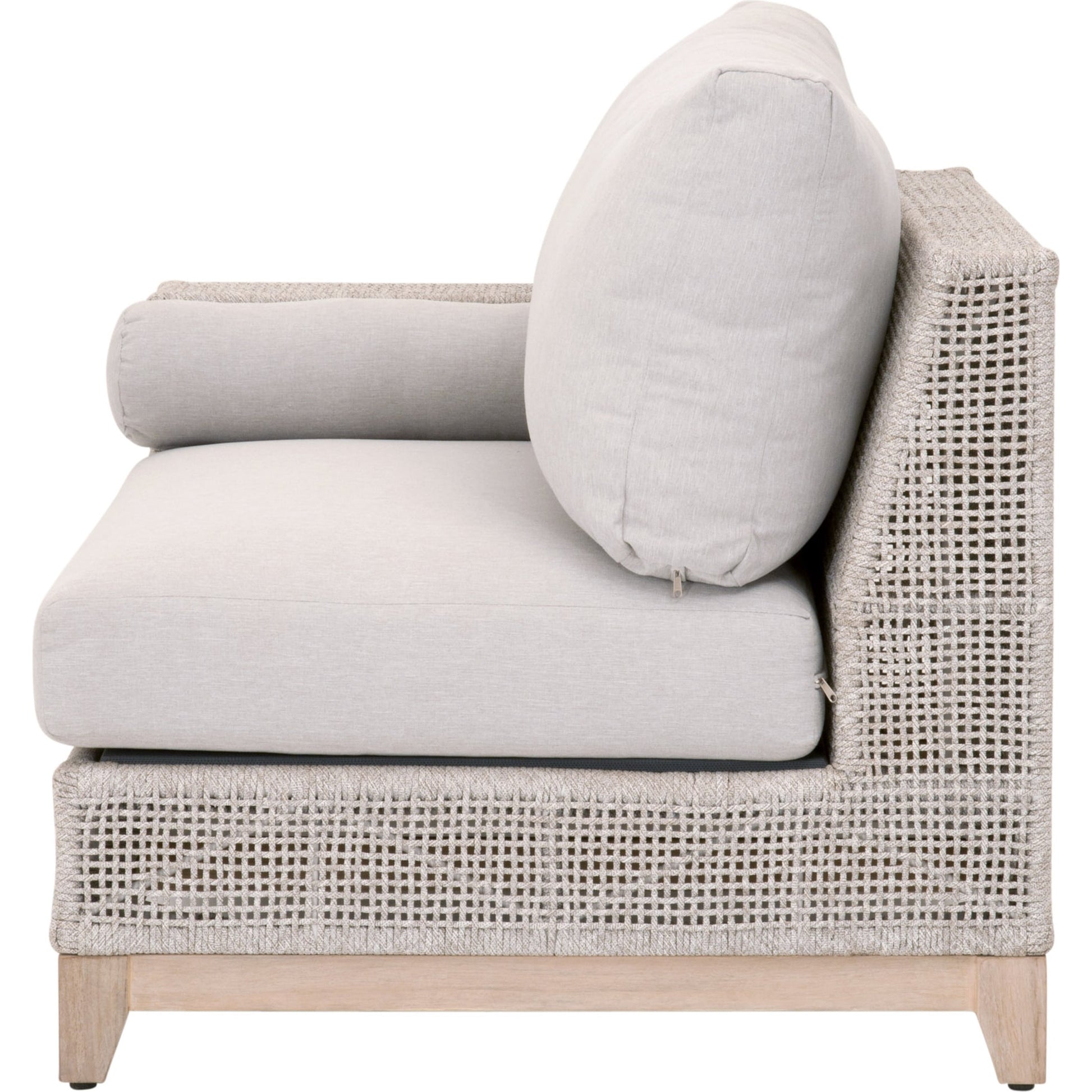 Tropez One Arm Sofa Chair by Essentials For Living in gray, taupe, white, pumice. Made from solid teak, aluminum, rope, 100% olefin in a coastal style.