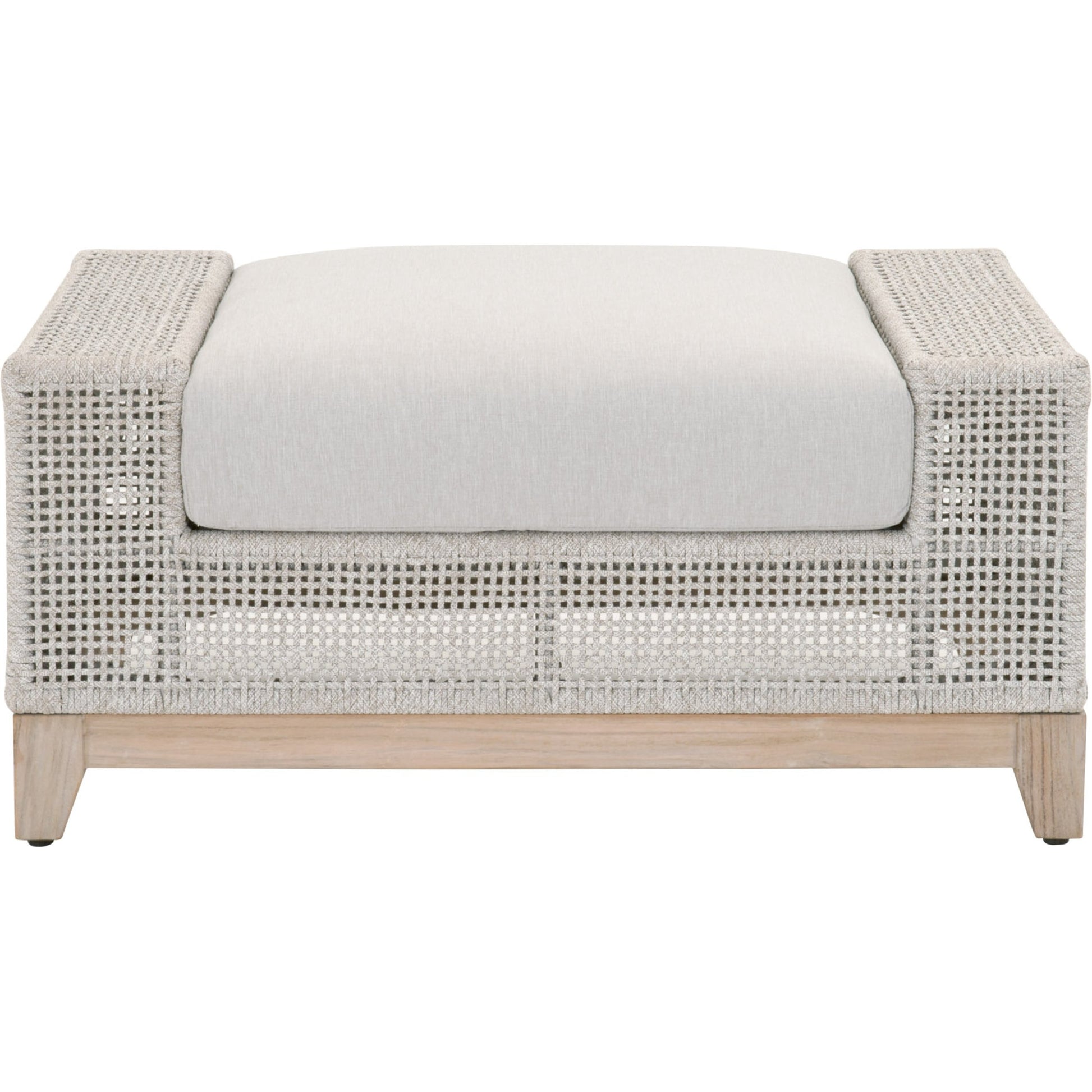 Indian Ottoman by Essentials For Living in taupe, white flat rope, pumice, gray teak. Made from solid teak wood, aluminum, polyolefin rope, 100% olefin fabric, foam in a coastal style.