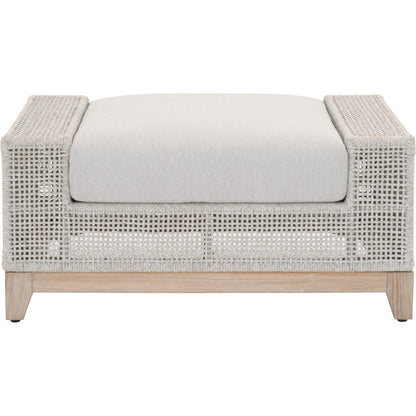Indian Ottoman by Essentials For Living in taupe, white flat rope, pumice, gray teak. Made from solid teak wood, aluminum, polyolefin rope, 100% olefin fabric, foam in a coastal style.