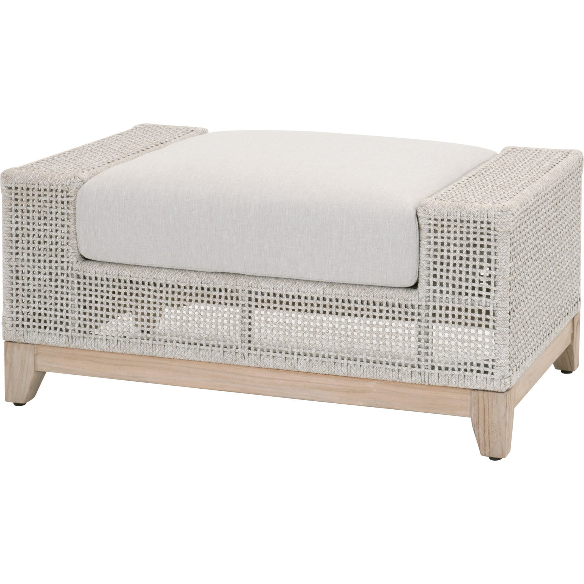 Indian Ottoman by Essentials For Living in taupe, white flat rope, pumice, gray teak. Made from solid teak wood, aluminum, polyolefin rope, 100% olefin fabric, foam in a coastal style.