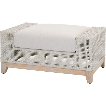 Indian Ottoman by Essentials For Living in taupe, white flat rope, pumice, gray teak. Made from solid teak wood, aluminum, polyolefin rope, 100% olefin fabric, foam in a coastal style.